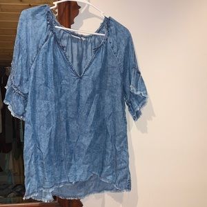 Blue Jean shirt with frayed sleeves